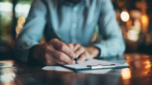 Close-up of a person writing on paper at a desk with a pen in a cozy, dimly lit environment.