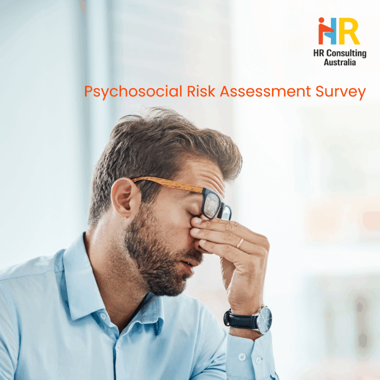 Business man, headache and sick, tired or fatigue in office while working. Employer wants to complete Psychosocial Risk Assessment Survey