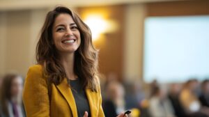 A confident business woman smiles at a HR Consulting Melbourne event during a QA networking event